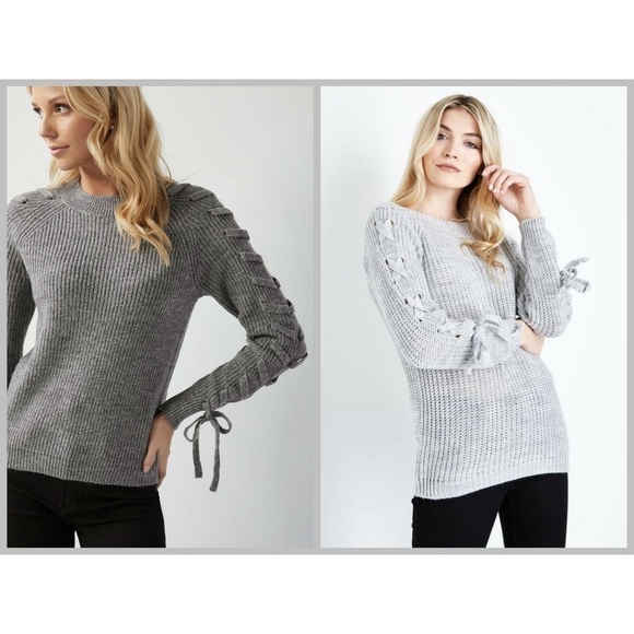 💕SANCTURY - ANTHROPOLOGIE💕 Lace Up Sleeve Pullover Sweater Grey Small S NWT - Picture 4 of 8